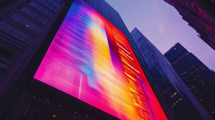 A glowing billboard on the side of a skyscraper, featuring a dynamic, ever-changing advertisement with bold, bright text