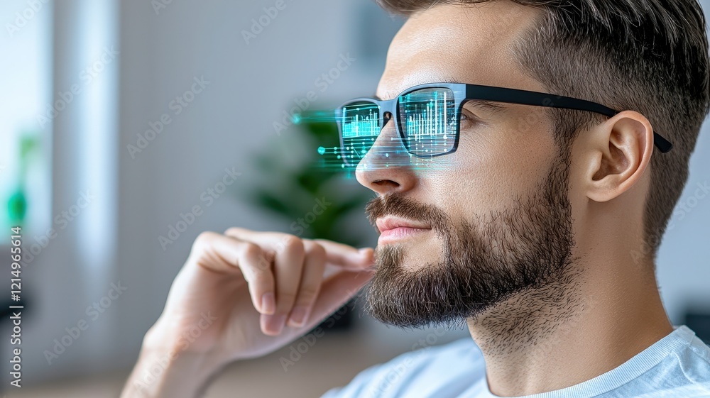 Poster a man with glasses featuring a digital interface gazes thoughtfully, suggesting a connection between