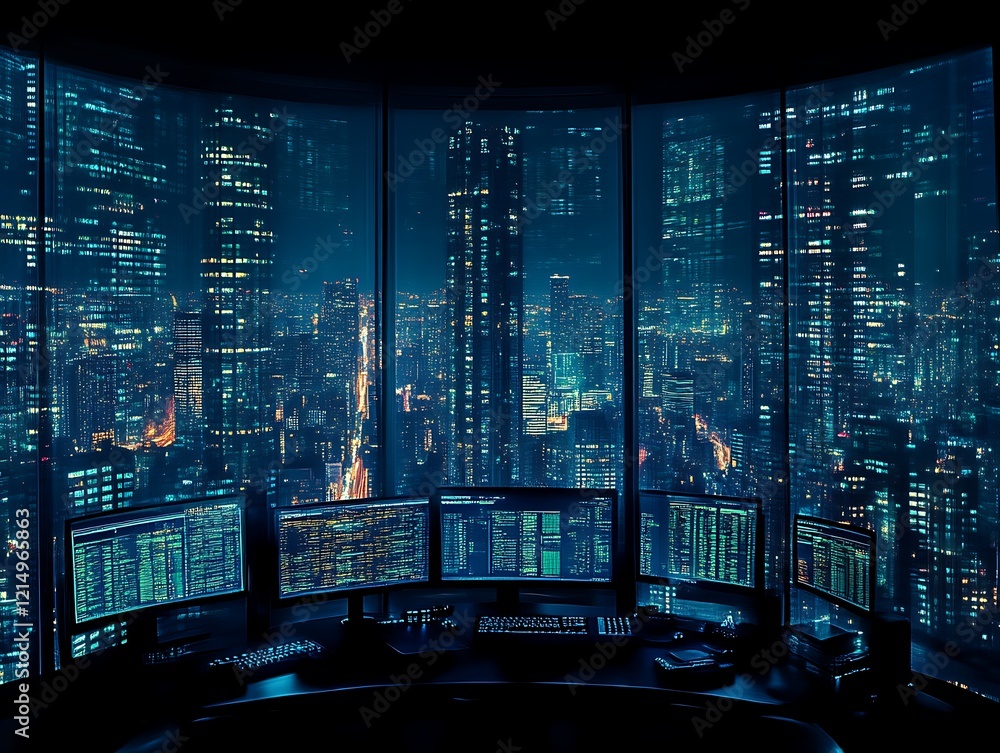 Fototapete night cityscape view from a high-tech office with multiple monitors displaying code.