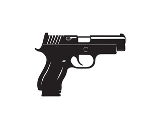 Gun silhouette icon. Pistol silhouette.  Black handgun symbol. Vector shape isolated on white background. Vector illustration. 