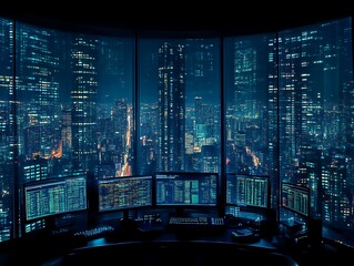 Night cityscape view from a high-tech office with multiple monitors displaying code.