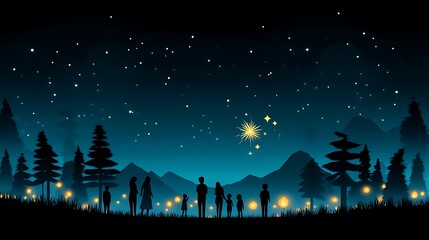 Family watching fireworks at night in forest.