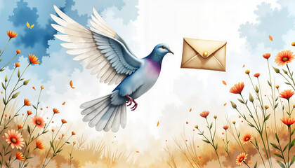 Peace dove flying with an envelope in a wildflower field, symbol of hope, International Women's Day, watercolor painting