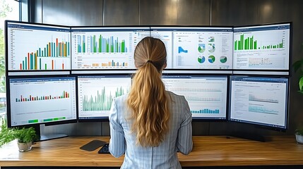 Woman reviewing data on multiple monitors.