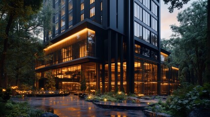 Fototapeta premium Modern Hotel Building Illuminated At Night Surrounded By Trees