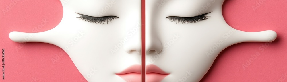 Poster abstract representation of two serene faces with closed eyes artfully blending into a pink backgroun