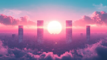 Fototapeta premium Dreamlike Cityscape at Sunset with Pink and Purple Hues