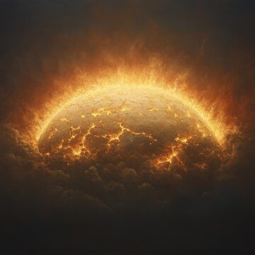 Fiery sun surface with glowing solar flares amidst dark clouds