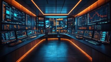 Futuristic financial trading room with neon lights and multiple monitors