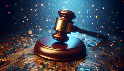 Gavel on Circuit Board with Digital Dots, Digital Law and Technology Concept 