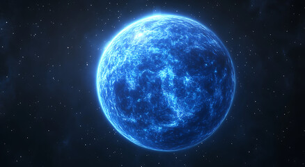 Abstract blue glowing planet Earth with a starry sky background, a space view of the Earth in the dark night with sun rays and stars. Planet Earth illustration.