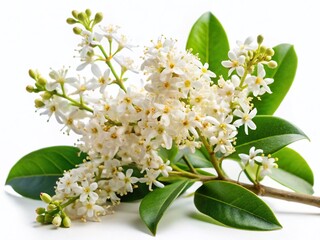 Garden Privet (Ligustrum Ovalifolium) Blossoms - White Background Studio Shot