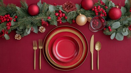 Elegant Christmas Table Setting with Red and Gold Accents