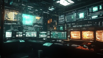 Fototapeta premium Complex data streams and code flow across numerous monitors in a high tech cybersecurity control room, visualizing the constant monitoring and analysis of network activity for potential threats