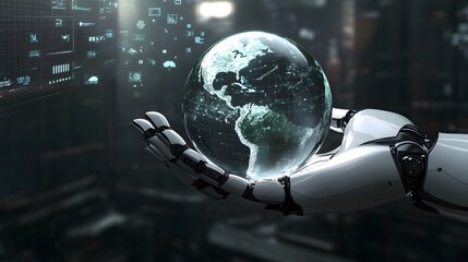 Fototapeta premium Robotic Hand Gently Holding A Transparent Earth Globe