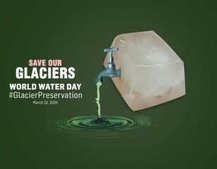 World water day poster concept. Ice burg isolated water drop shadow with dark green background....