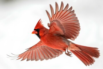 Obraz premium Fluffy Male Northern Cardinal - Cardinalis cardinalis - in flight flying with wings extended showing bright red crimson feathers with head crest. Isolated on white or light color background