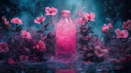 a transparent glass bottle of spring water floating amidst splashing water and glowing pastel...