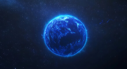 Obraz premium Abstract blue glowing planet Earth with a starry sky background, a space view of the Earth in the dark night with sun rays and stars. Planet Earth illustration.