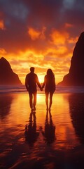 Couple holding hands at sunset beach.