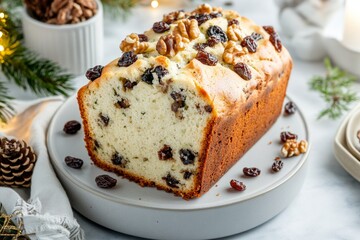 A zucchini bread loaf served on a modern ceramic platter, with walnuts and raisins scattered around as garnish