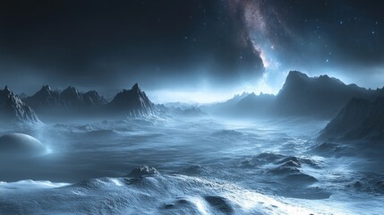 Majestic alien landscape under a starry sky with mystical mountain peaks and cosmic glow