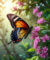 Naklejka premium A colorful butterfly sipping nectar from a flower in a tree's foliage, entomology, flowers