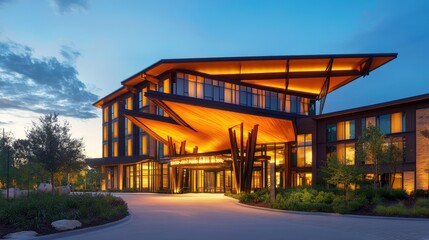 Obraz premium Modern Hotel Entrance Illuminated at Dusk