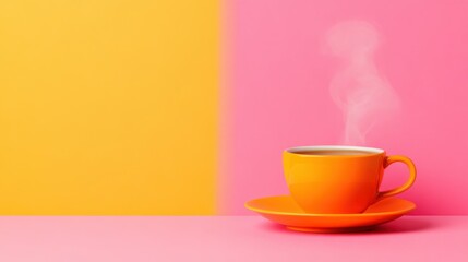 A vibrant image of a steaming orange coffee cup on a pink and yellow background, evoking warmth and a cheerful atmosphere.