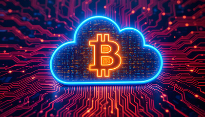 Glowing Bitcoin Symbol in Cloud Computing Environment,Blockchain Technology with Copy Space 