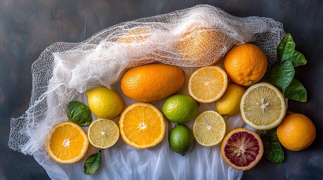 A selection of citrus fruits including oranges, lemons, and limes, placed on a white backdrop to emphasize their colorful skins and fresh appearance - Powered by Adobe