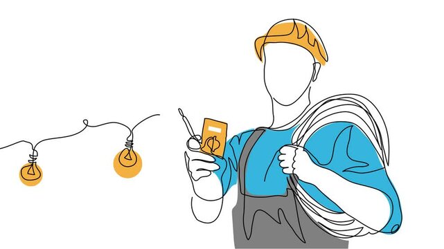 Electrician man with tester tool and electric cable or wire, animated illustration. One continuous self drawing line animation, footage of electrician man