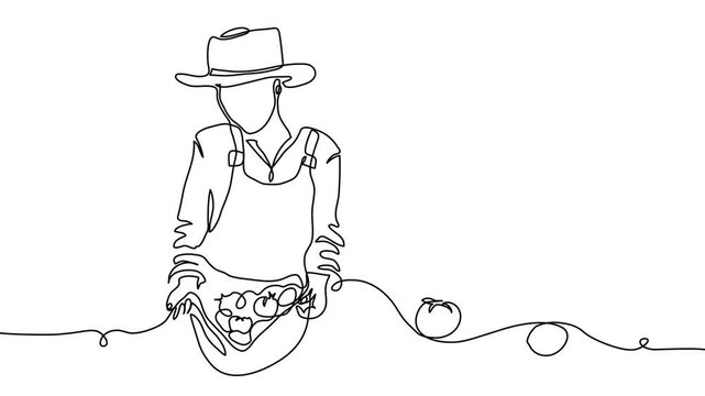 Farmer fresh vegetables concept. Tomatoes in the hem of the woman s apron, animated illustration. One continuous self drawing line animation, footage of fresh vegetables