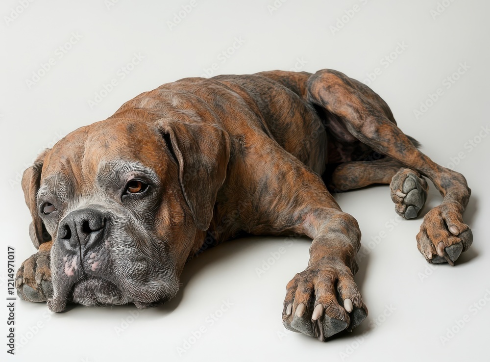 Poster a relaxed boxer dog lying down in a calm pose on a neutral background, perfectly captured with reali