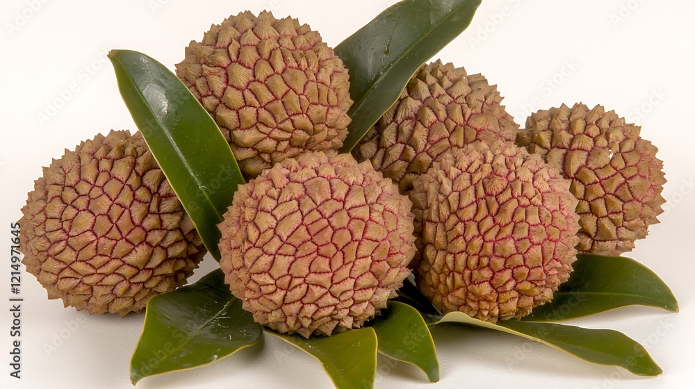 Wall mural A fresh bundle of whole lychees with their bumpy red skin and green leaves, placed on a clean white background to highlight their texture