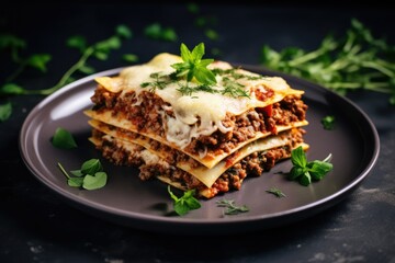 Italian homemade meat lasagna with fresh basil parmesan cheese served on a gray concrete plate