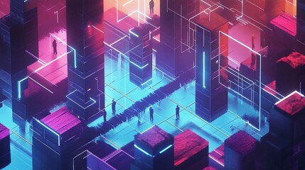 Futuristic city, neon lights, digital architecture, people walking, abstract background. Use Sci-fi concept art