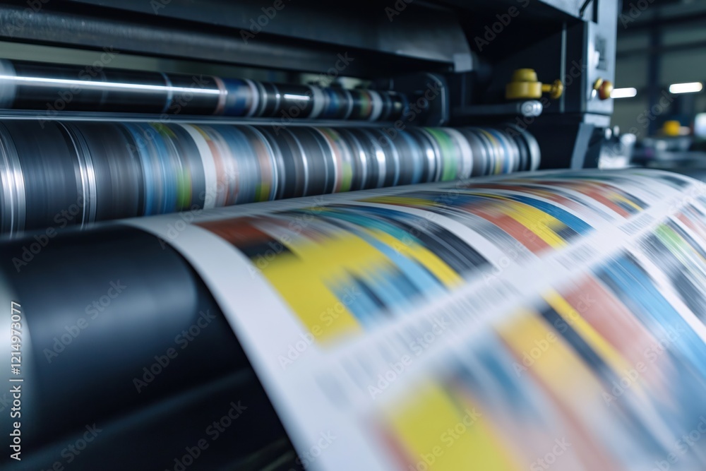 Poster modern offset printing machine prints colorful newspapers. high-speed automated process in industria