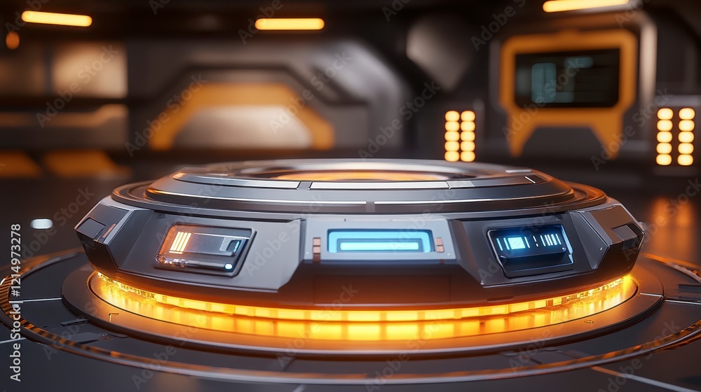 Poster futuristic control panel interface in a sleek science fiction setting