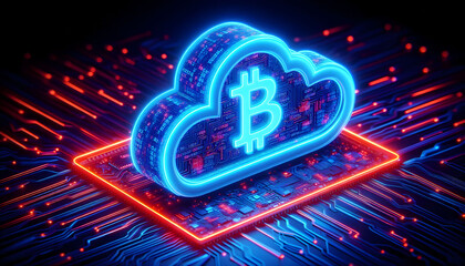Glowing Bitcoin Symbol in Cloud Computing Environment,Blockchain Technology with Copy Space 