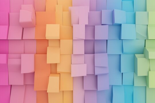 A colorful wall made of blocks in various colors. The blocks are arranged in a way that creates a rainbow effect. Concept of creativity and playfulness, as well as a sense of order and structure