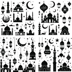 Obraz premium Mosque Silhouettes with Crescent Moons and Lanterns, Islamic Architecture Vector: Mosques and Minarets