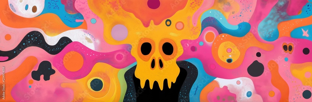 Poster a colorful painting of a skull with a yellow face. the skull is surrounded by a rainbow of colors an