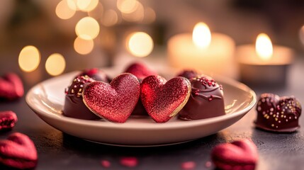 Valentine special chocolates shaped like butterflies and hearts, with glossy red and gold finishes, displayed in an elegant porcelain dish, with a blurred romantic candlelit dinner setup glowing