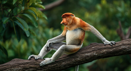 Fototapeta premium Proboscis monkey sitting on a tree branch in a natural habitat