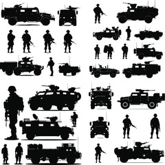 Obraz premium Soldier Silhouette Collection with Patriotic Elements, US Army Soldiers and Helicopters in Silhouette Art