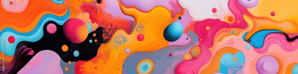Poster a colorful painting with many different colored circles and a swirl. the painting is abstract and ha