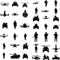 Black Silhouettes of Soldiers and Helicopters in Action, Military Silhouette Collection with Helicopters and Flags