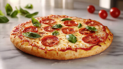 Traditional Italian pizza with a crispy crust, melted cheese, fresh basil, and sliced tomatoes on a marble countertop, emphasizing the art of pizza making for food photography