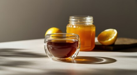 Warm honey and lemon drink in a glass cup, perfect for soothing comfort